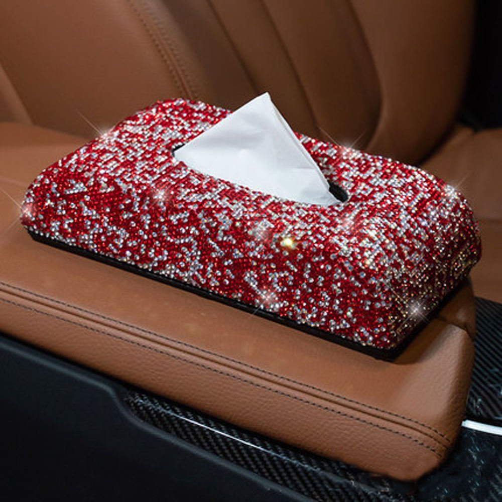 Luxury Crystal Universal Armrest Box Center Console Leather Rhinestone Decoration Rectangle Napkin Tissue Box