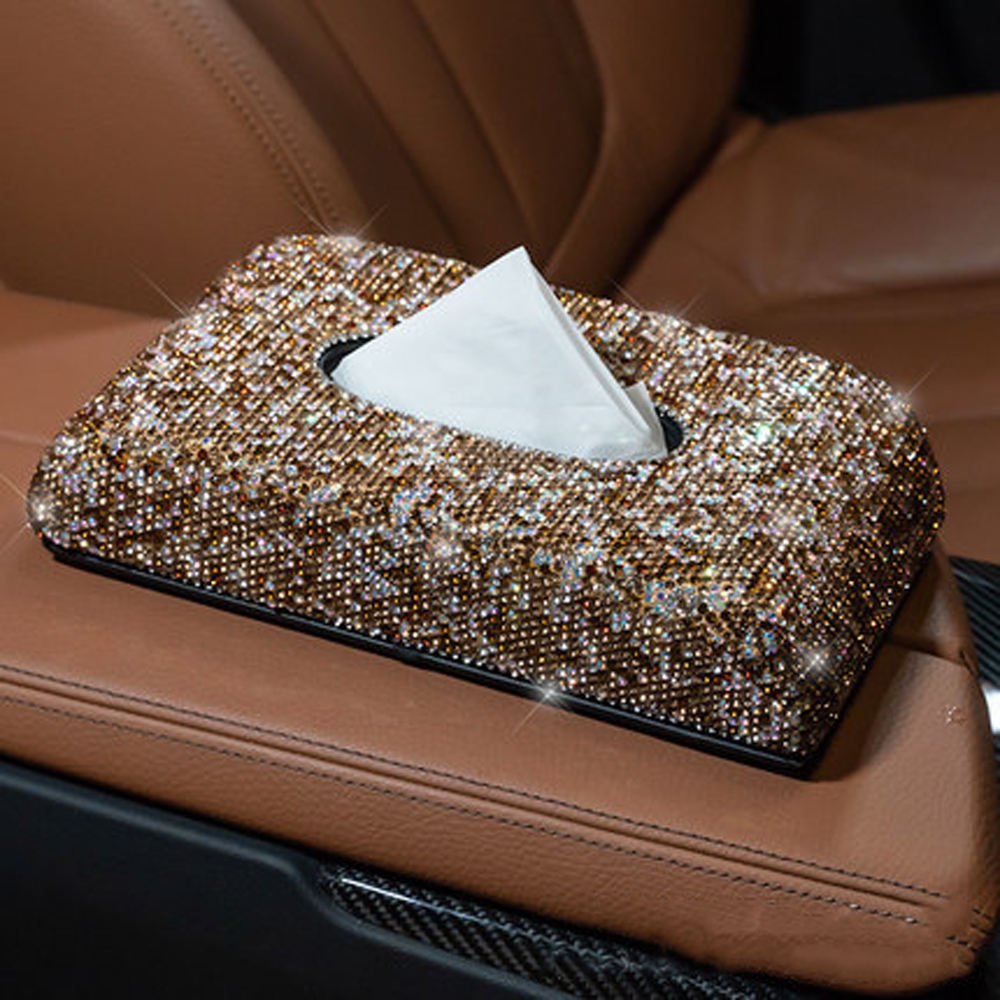 Luxury Crystal Universal Armrest Box Center Console Leather Rhinestone Decoration Rectangle Napkin Tissue Box