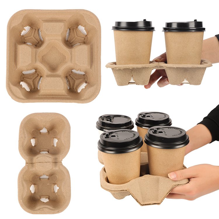 Disposable Clip-On Carrier Double Wall Utility Coffee Drink Cup Holder Mould Pressing Kraft Paper Pulp Fiber Tray Paper Boxes