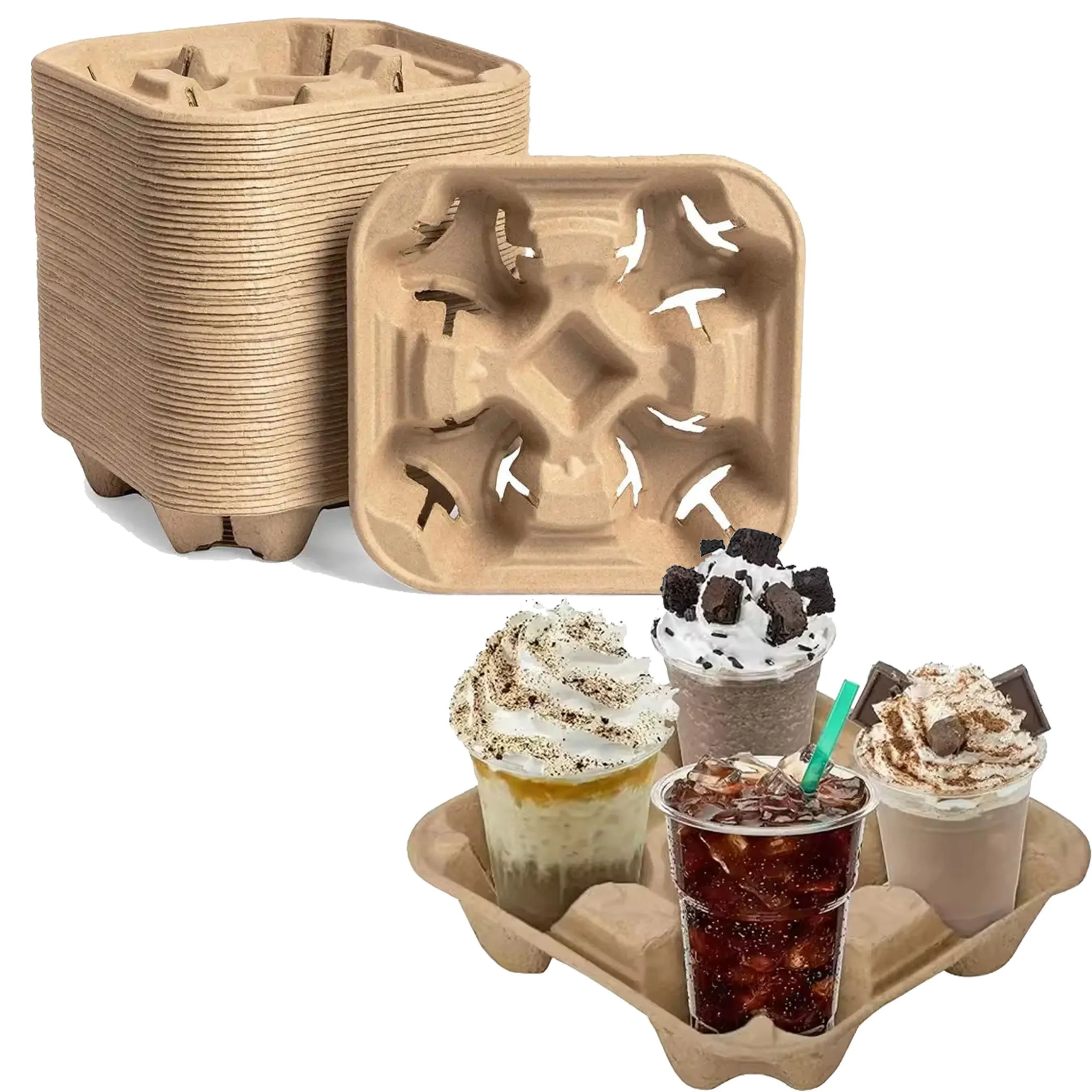 Disposable Clip-On Carrier Double Wall Utility Coffee Drink Cup Holder Mould Pressing Kraft Paper Pulp Fiber Tray Paper Boxes