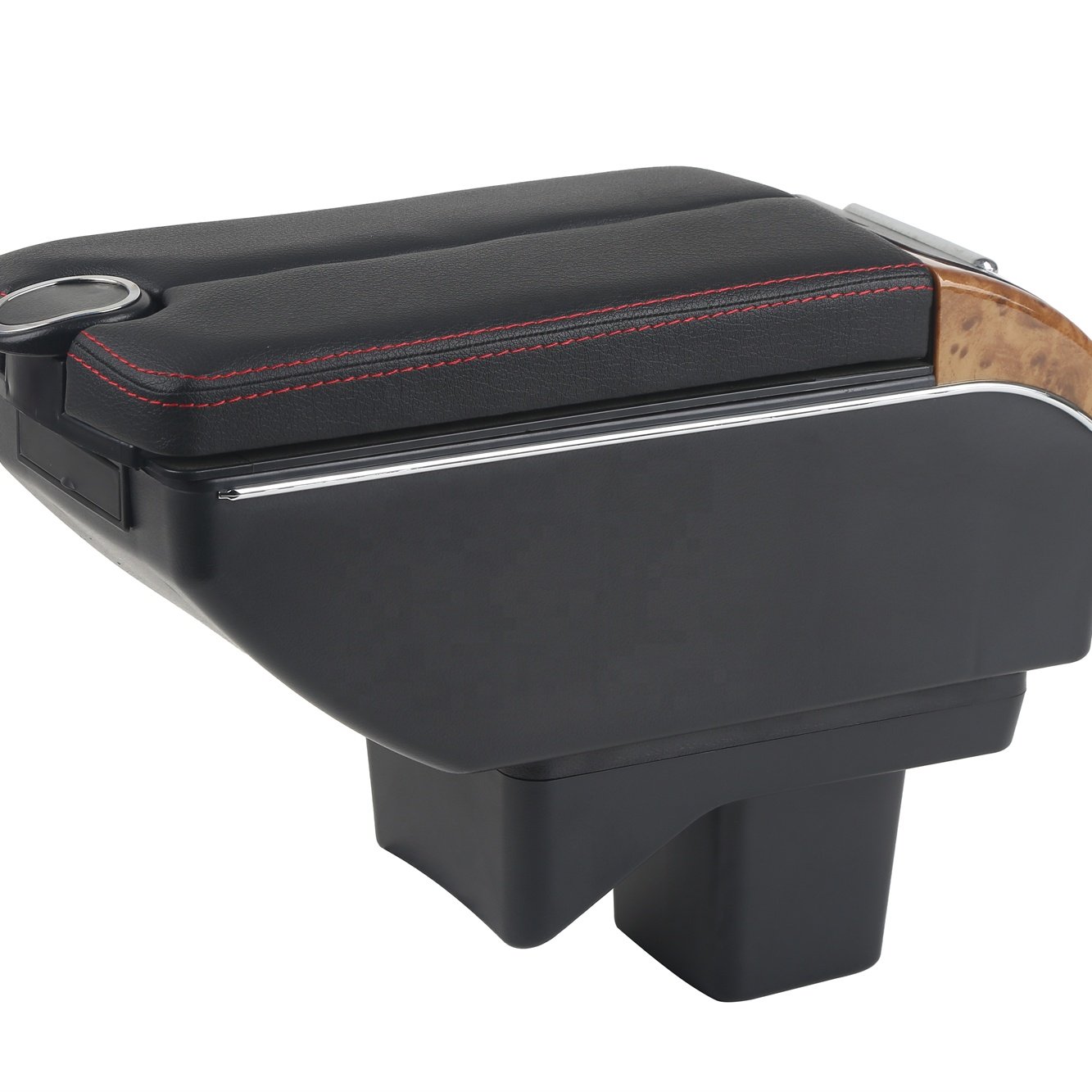 Wood Design Car Double Open Slide USB Charger Design Black Pu Leather Car Armrest Console Box for Toyota Agya 2023-2024