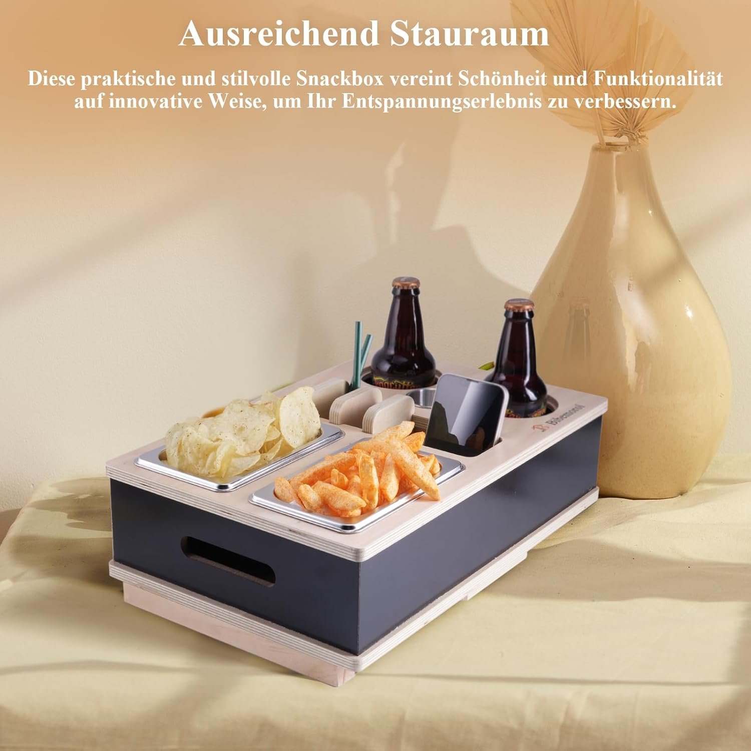 Snack Box for Sofa Bar Wooden Sofa Sofa Armrest Tray with 2 Stainless Steel Bowls Couch Box