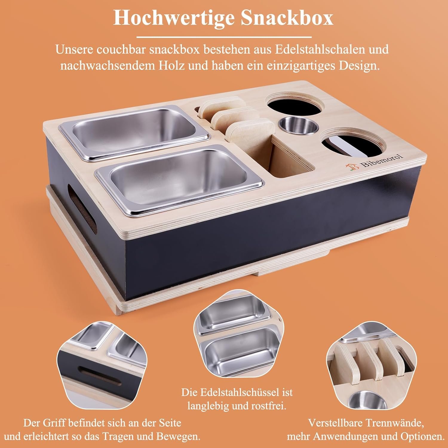 Snack Box for Sofa Bar Wooden Sofa Sofa Armrest Tray with 2 Stainless Steel Bowls Couch Box
