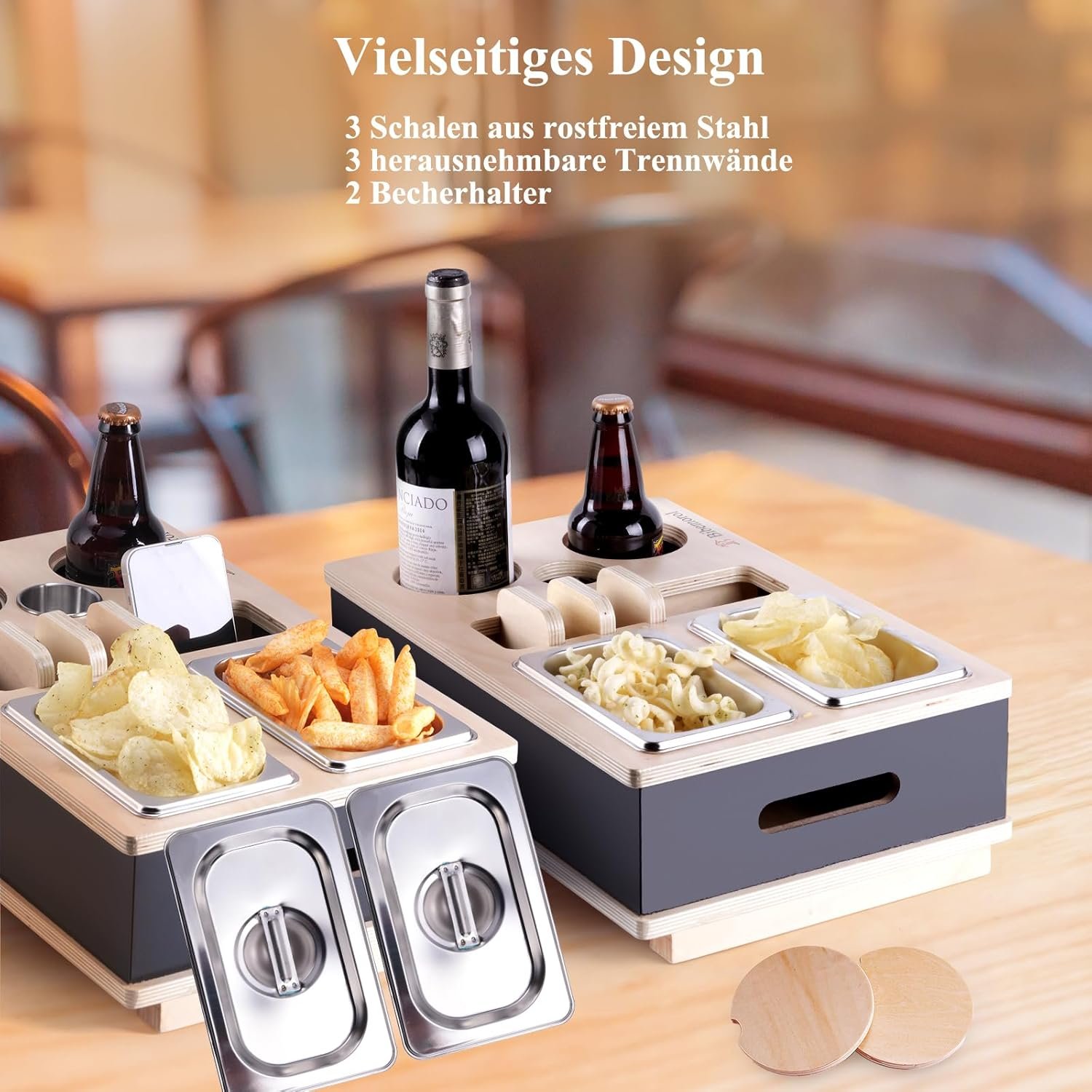 Snack Box for Sofa Bar Wooden Sofa Sofa Armrest Tray with 2 Stainless Steel Bowls Couch Box