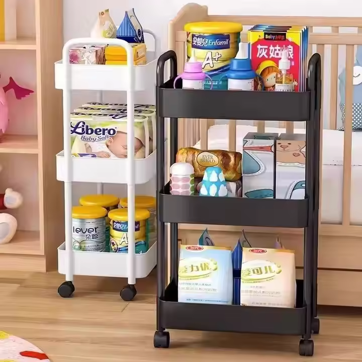 Plastic Trolley Double Armrest Shelving Snack Sundries Kitchen Home Multilayers Storage Racks