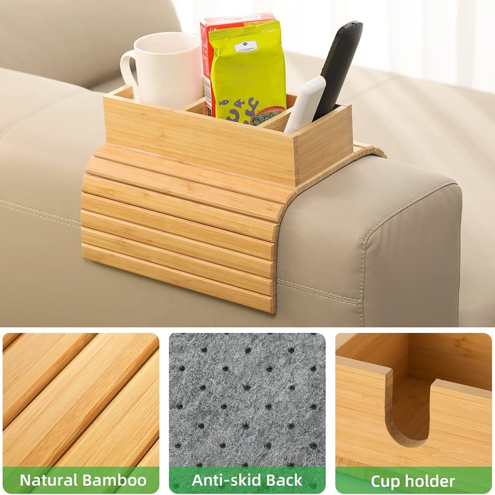 Bamboo Sofa Cup Holder Armrest Tray Couch Drink Holder Portable Couch Arm Tray Table for Remote/Snacks/Cup