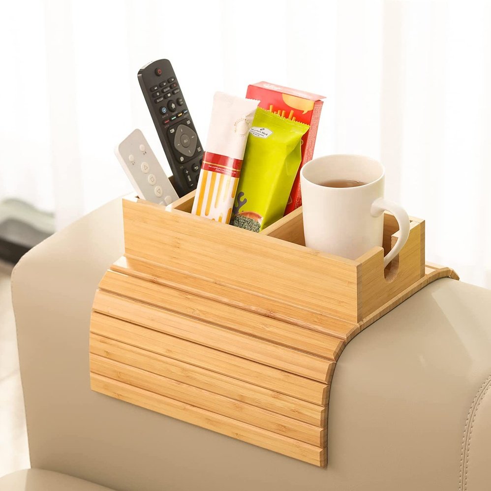 Bamboo Sofa Cup Holder Armrest Tray Couch Drink Holder Portable Couch Arm Tray Table for Remote/Snacks/Cup