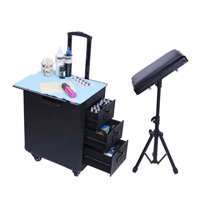 Wholesale Professional Multi-functional Tattoo Workstation With Arm Rest Adjustable Desk Suitcase Set Tattoo Trolley Case
