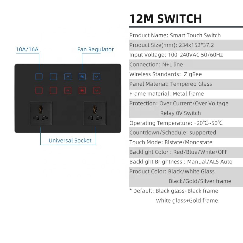 12gang Switch Panel with Socket Indian Standard Intelligent Lighting Curtain Fan Switch Tuya Zigbee Mobile App Control