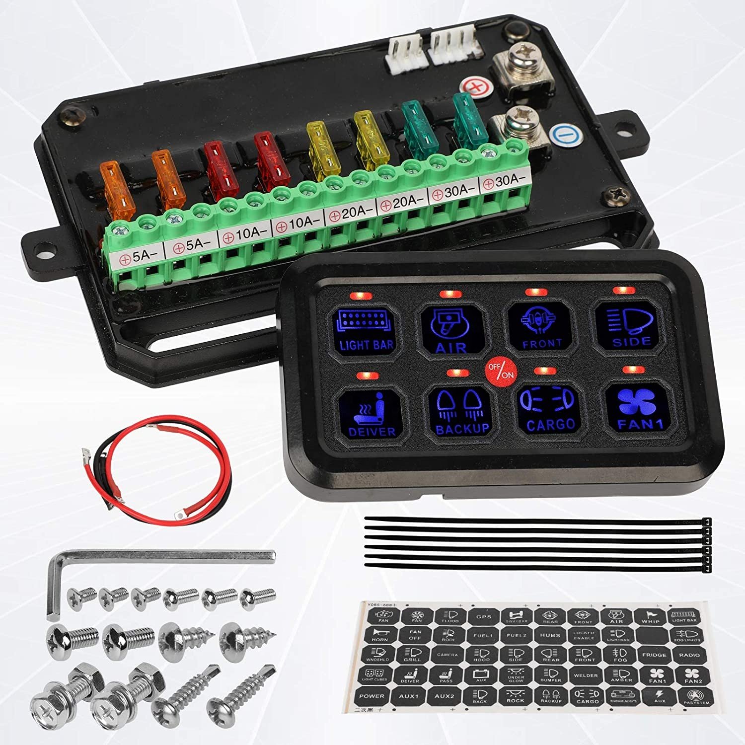 8 Gang Switch Panel Universal Circuit Control Relay System with Fuse Wiring Harness Automatic Dimmable ON-Off LED Switch Pod