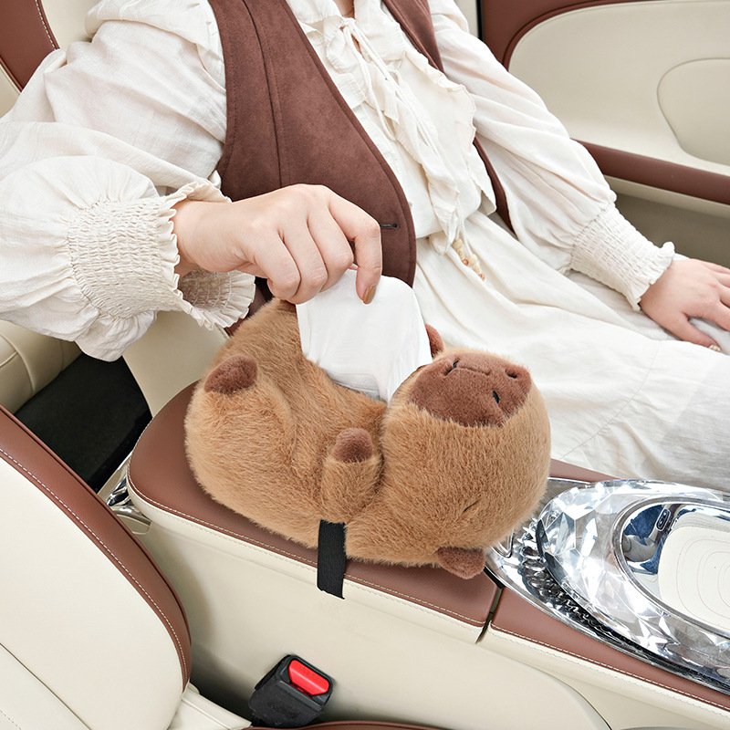 Capybara Car Tissue Box Cute Plush Doll Stuffed Animal Toy Capybara Car Armrest Box Multi-Functional Hanging Storage Tissue Box