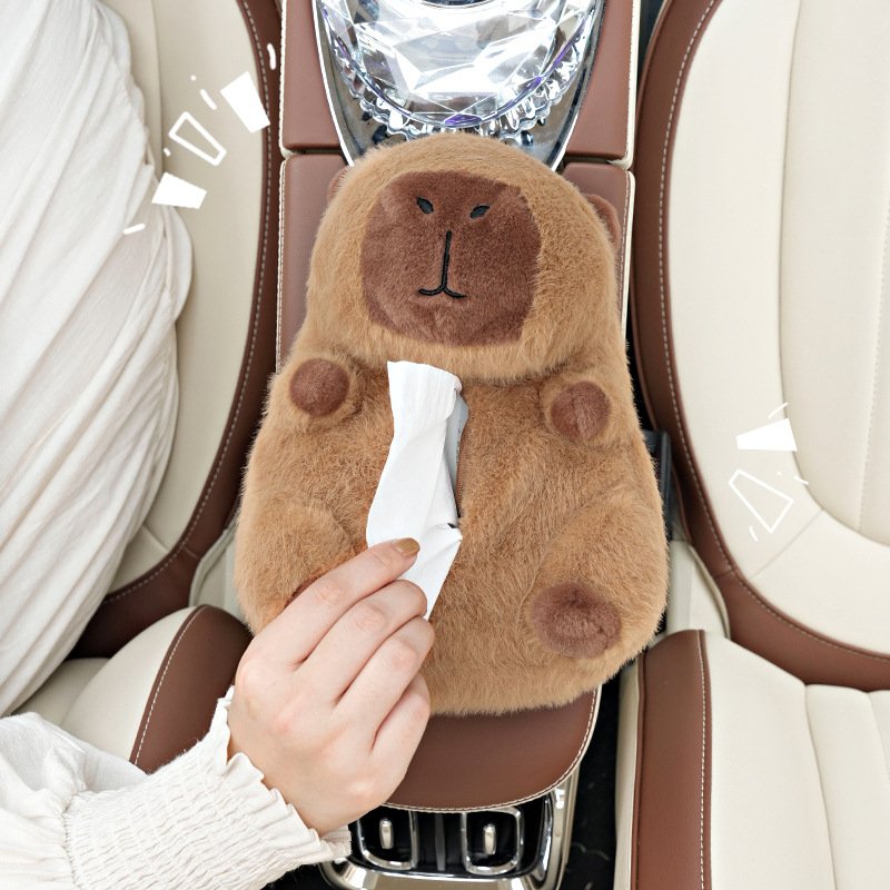 Capybara Car Tissue Box Cute Plush Doll Stuffed Animal Toy Capybara Car Armrest Box Multi-Functional Hanging Storage Tissue Box