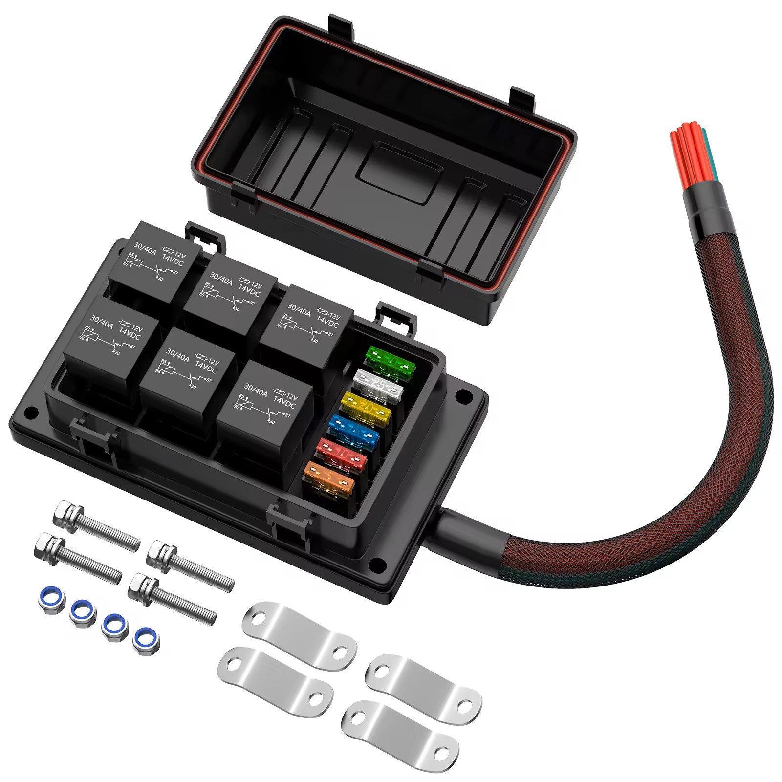 6 Slots Pre-Wired Fuse Relay Box 6 Blade Fuse Box with Relays & Fuses Vehicle Marine