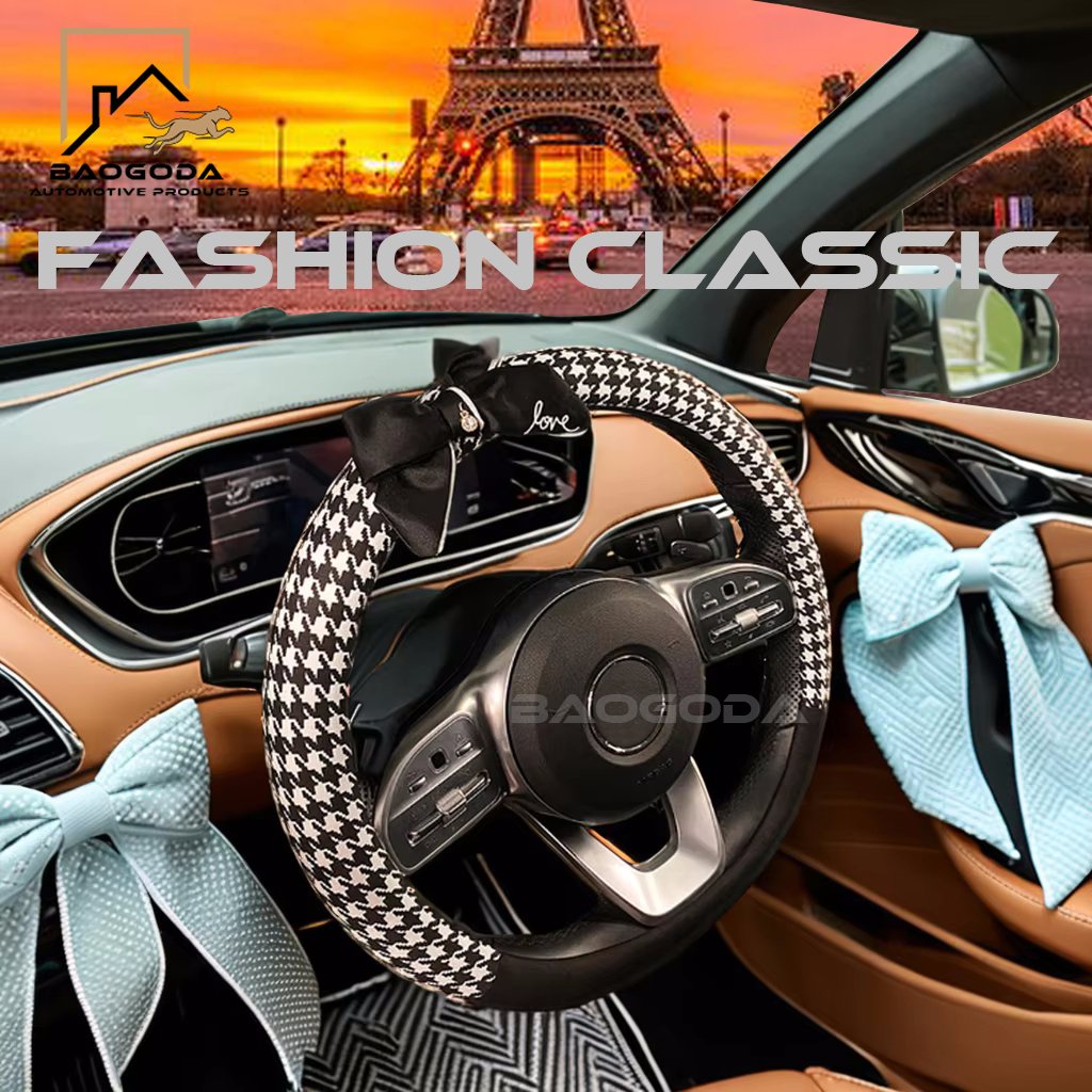 BGD TRADING FACTORY Car Thousand Bird Check Bowknot Steering Wheel Cover Car Insurance Belt Shoulder Protector Auto Accessories