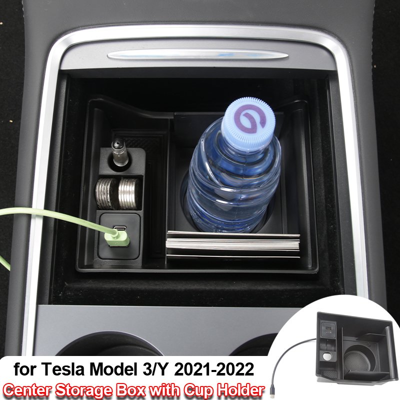 Central Armrest Storage Box CUP Holder for Tesla Model 3 Y 2022 Car Accessories Center Console Organizer Containers USB PD Ports
