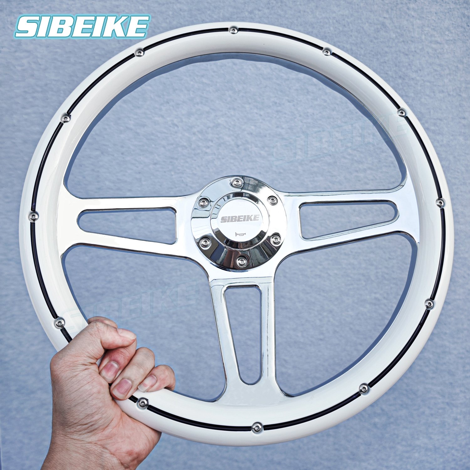14inch Vintage Black White Riveted Wood Film Steering Wheel Deep Dish Universal Truck Sports Car Steering Wheel