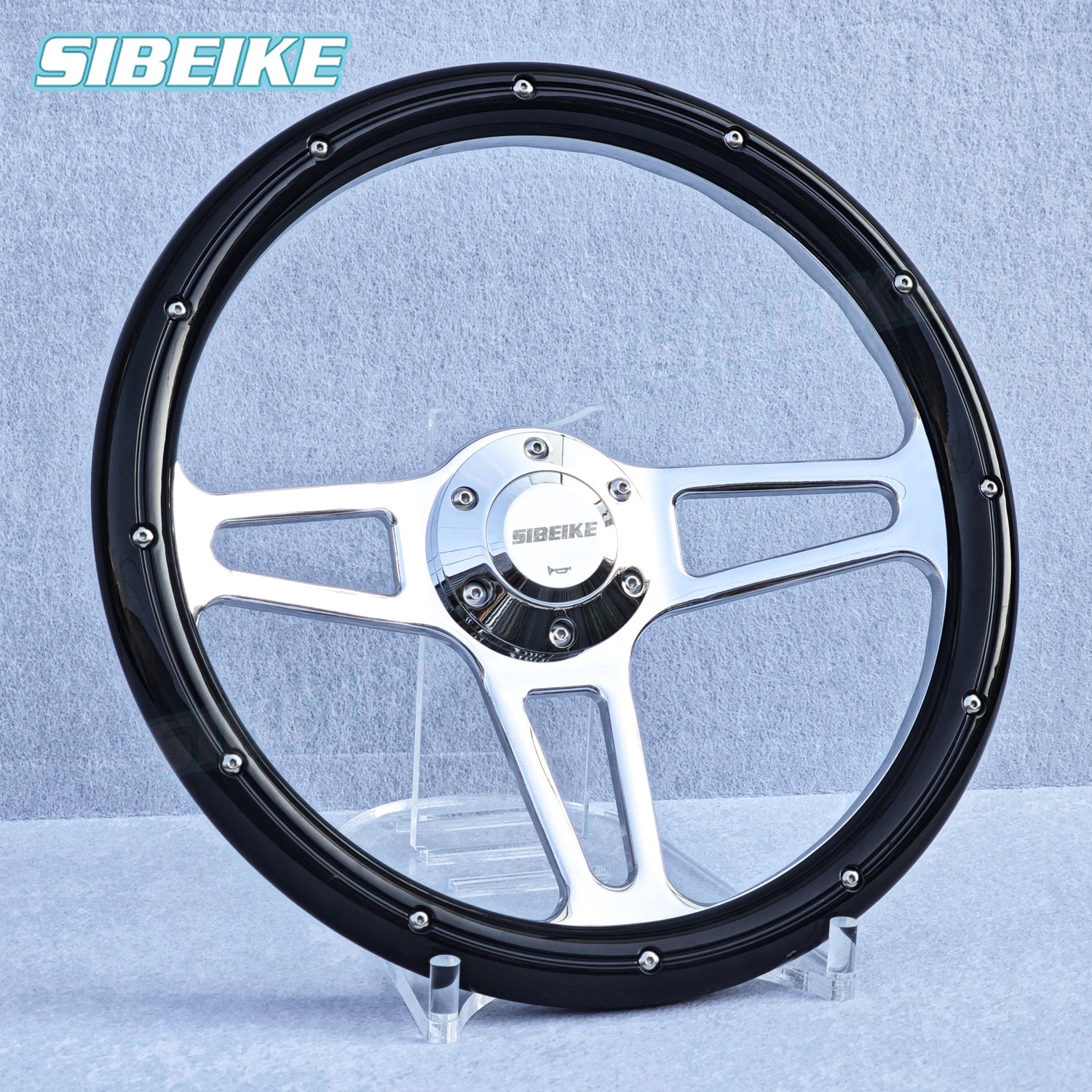 14inch Vintage Black White Riveted Wood Film Steering Wheel Deep Dish Universal Truck Sports Car Steering Wheel