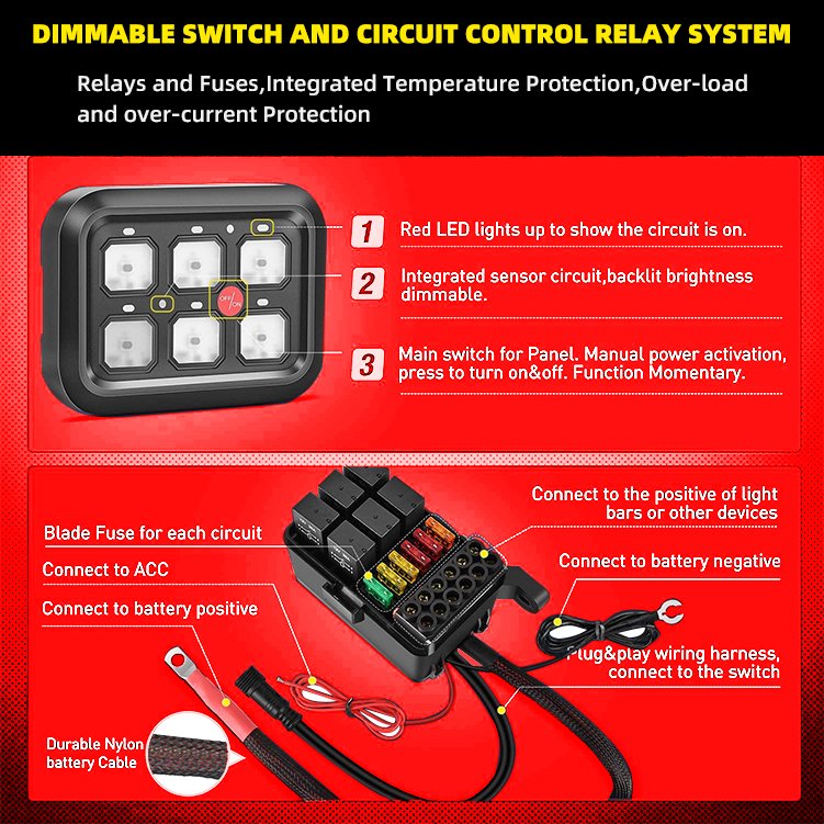 12V 6 Gang Switch Panel Universal Circuit Control Relay System Fuse Wiring Harness Automatic Dimmable ON-Off LED Switch