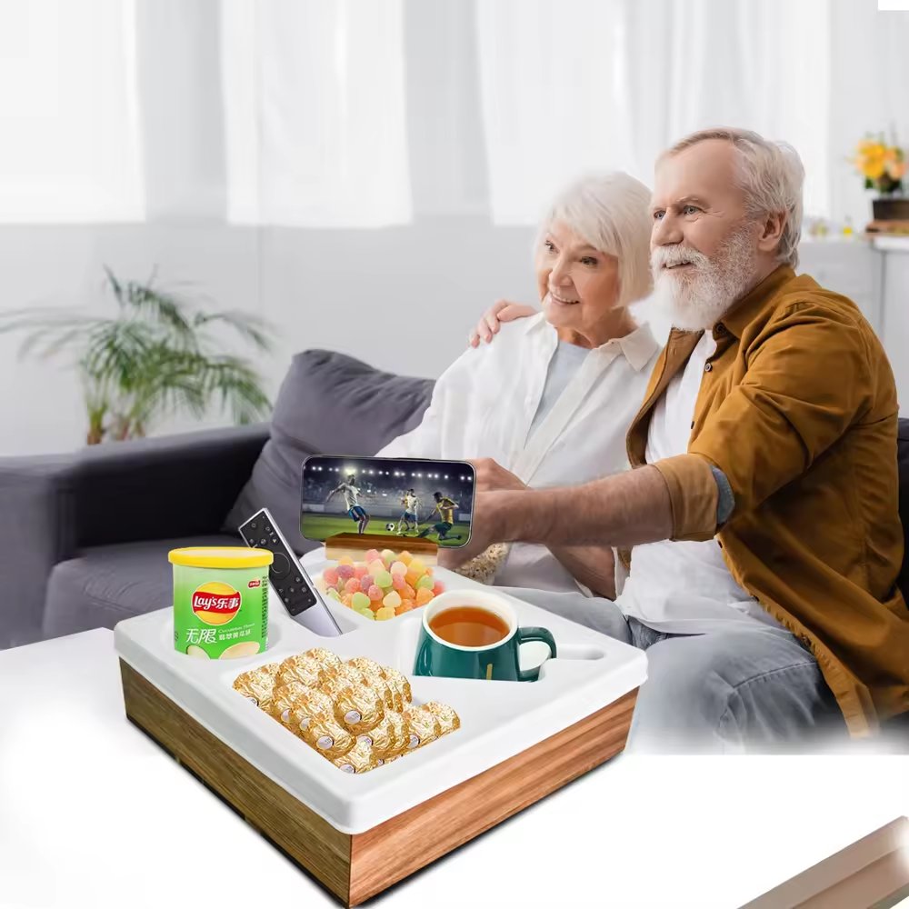 Bamboo Couch Cup Holder Console Bamboo Bed Tray Silicone Snack Organizer Tray with Bottle Opener Fish Dish Plate Type for Sofa