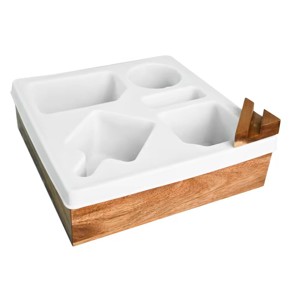 Bamboo Couch Cup Holder Console Bamboo Bed Tray Silicone Snack Organizer Tray with Bottle Opener Fish Dish Plate Type for Sofa