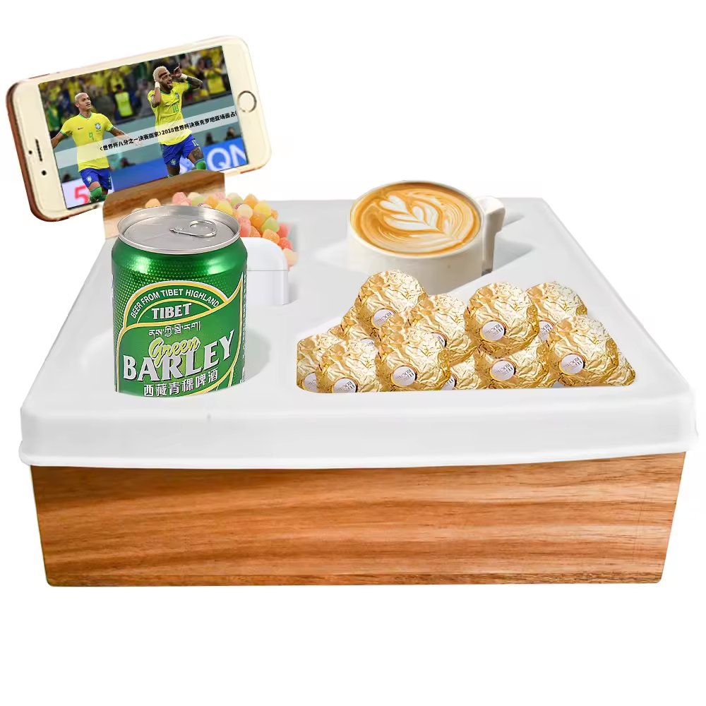Bamboo Couch Cup Holder Console Bamboo Bed Tray Silicone Snack Organizer Tray with Bottle Opener Fish Dish Plate Type for Sofa