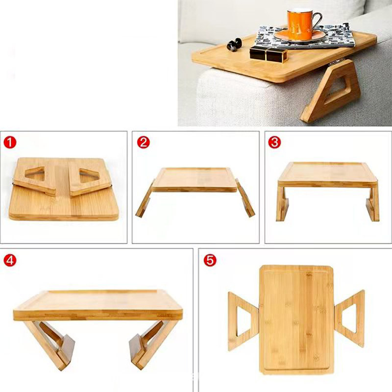 High Quality Small Space Simply Anti-Slip Bamboo Sofa Couch Armrest Cheap Arm Clip Rest Tray Side Table for Coffee