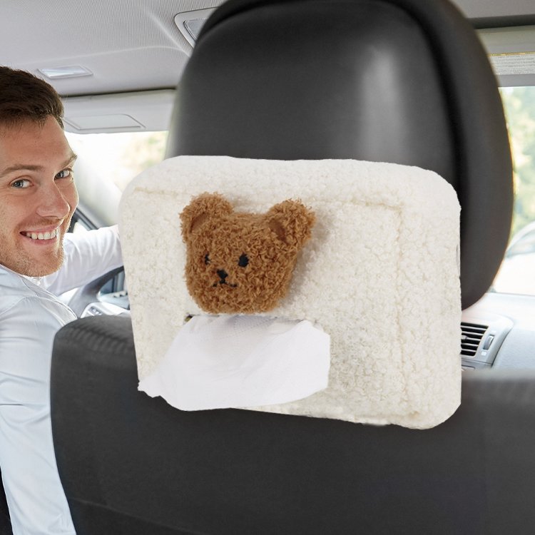 High Quality Soft Teddy Velvet Tissue Box Paper Box Wrapper Car Headrest Seat Back Hanging Napkin Holder with Bear Decor Design