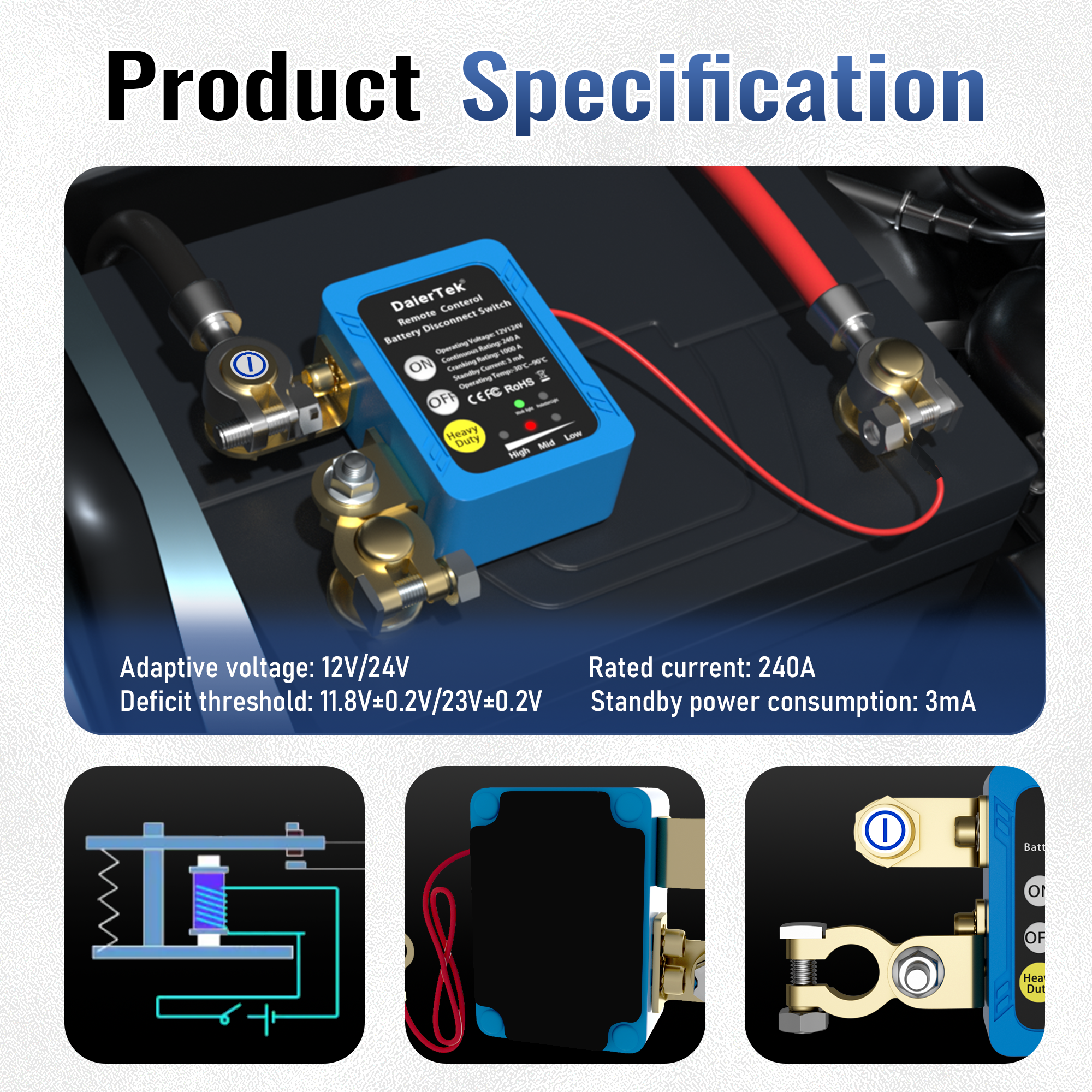 12V 240A Remote Battery Disconnect Switch Automatic Power Shut Off Kill Switch Remote Control Switch for Auto Car RV