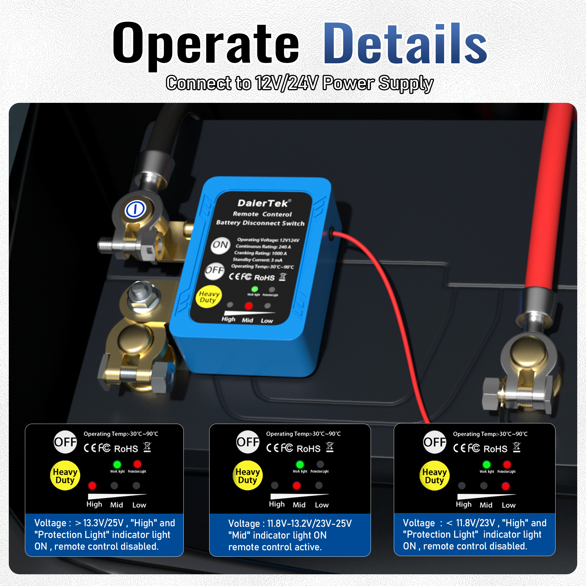 12V 240A Remote Battery Disconnect Switch Automatic Power Shut Off Kill Switch Remote Control Switch for Auto Car RV