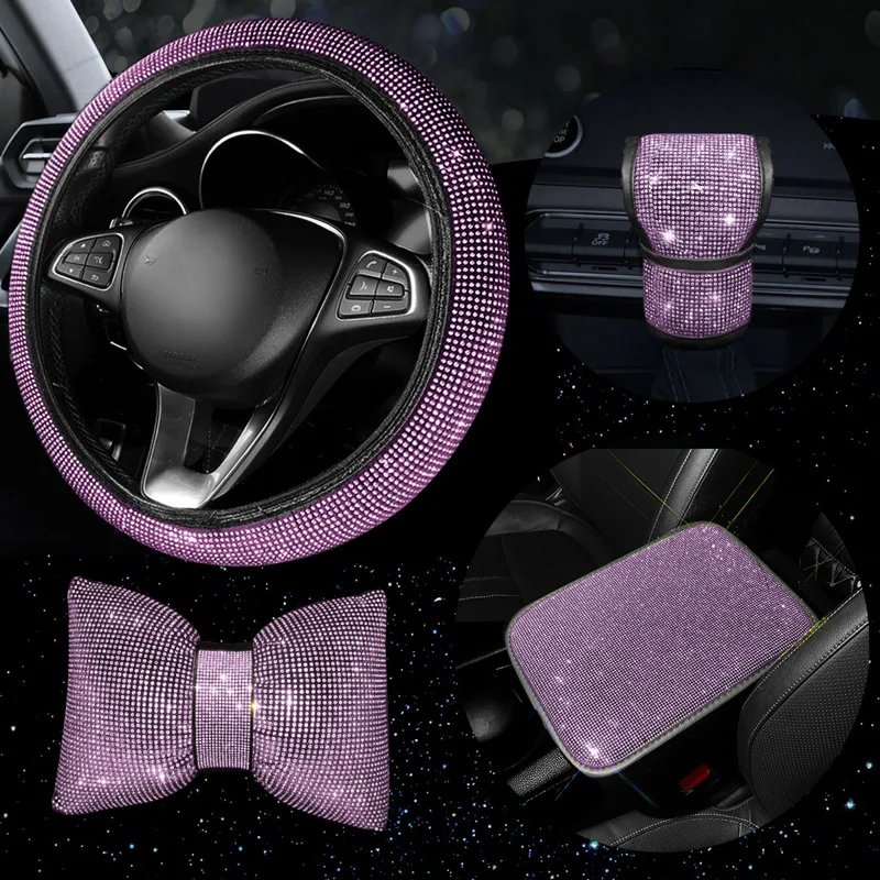 4Pcs Rhinestone Car Steering Wheel Cover Gear Shift Cover Armrest Cushion Mat Headrest Bling Car Accessories Set for Women