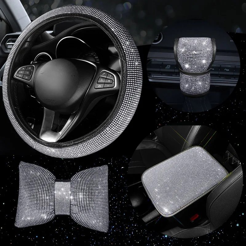 4Pcs Rhinestone Car Steering Wheel Cover Gear Shift Cover Armrest Cushion Mat Headrest Bling Car Accessories Set for Women