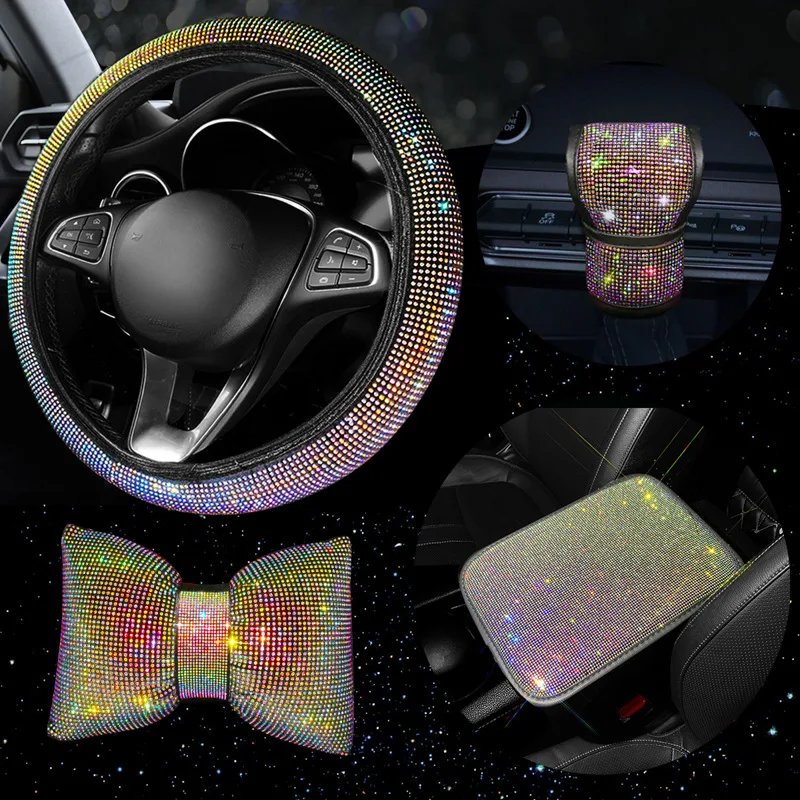 4Pcs Rhinestone Car Steering Wheel Cover Gear Shift Cover Armrest Cushion Mat Headrest Bling Car Accessories Set for Women