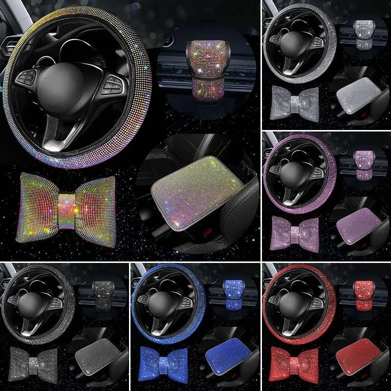 4Pcs Rhinestone Car Steering Wheel Cover Gear Shift Cover Armrest Cushion Mat Headrest Bling Car Accessories Set for Women