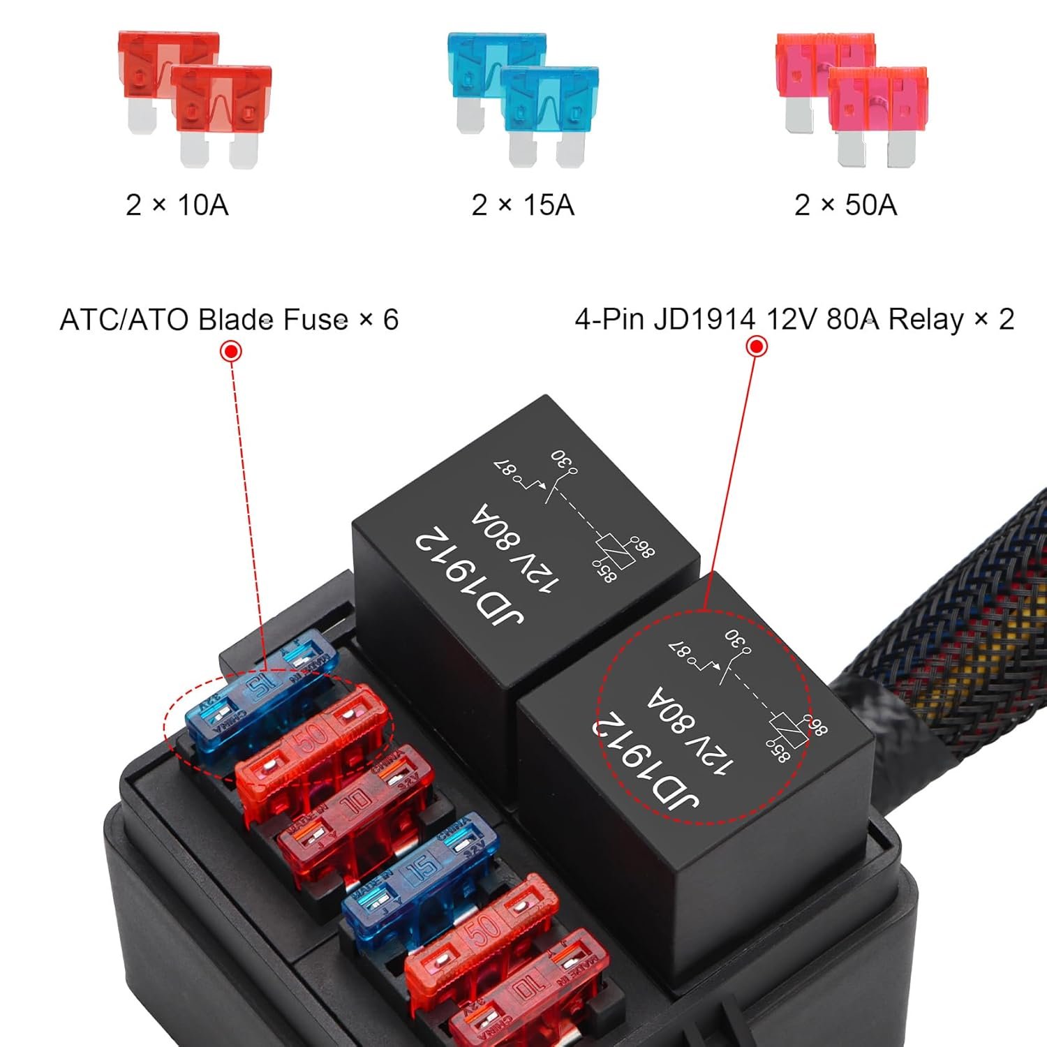 12V Pre-Wired Fuse Relay Box Kit 12 AWG 2 Relays 6 ATC/ATO 4-Pin 80A Relay Fuse Block 12 AWG Pre-Wired 2 Relays 6 ATC/ATO Fuse