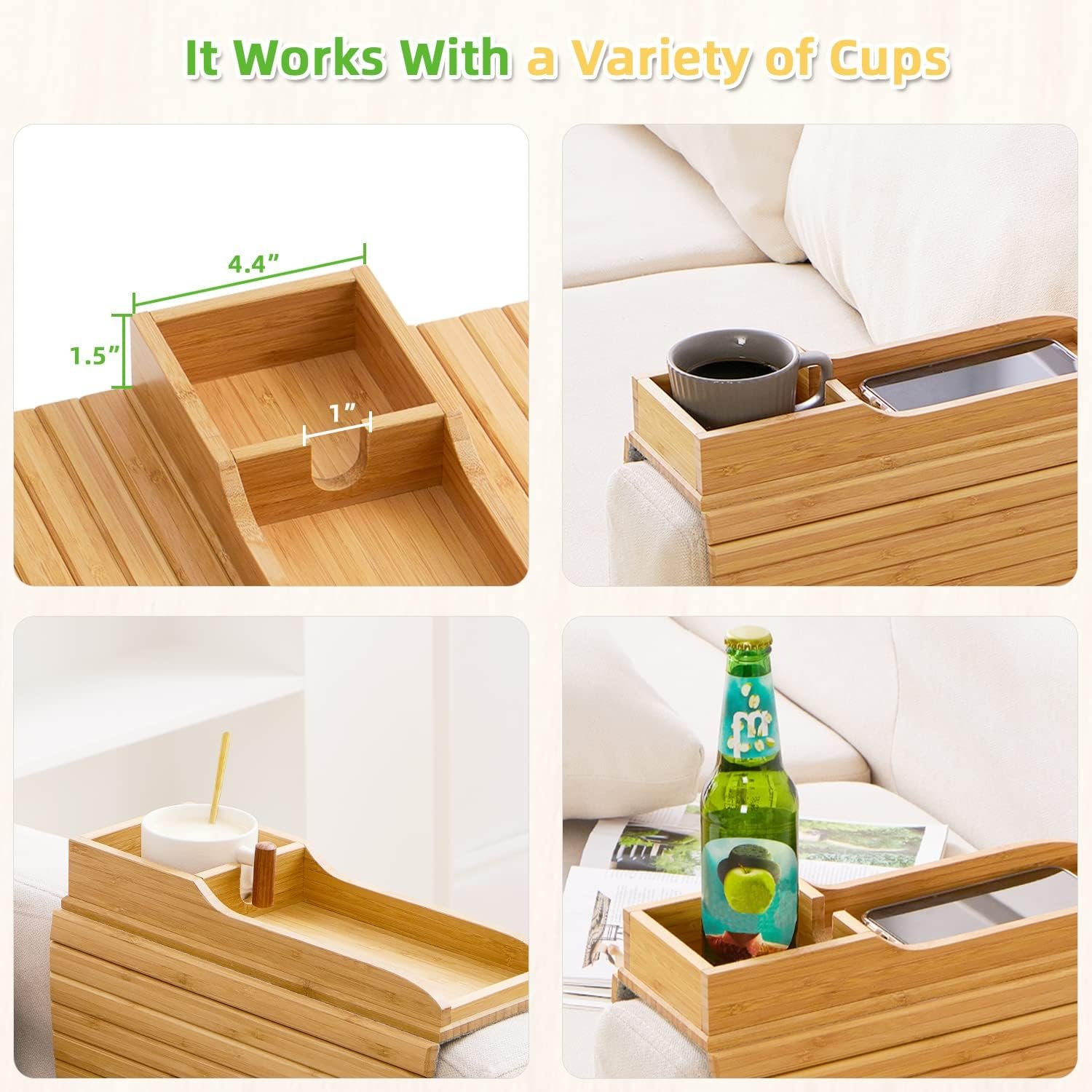 202407 Natural Bamboo Sofa Couch Cup Holder Anti Falling Drink Holder Armrest Tray Portable Couch Arm Tray Table