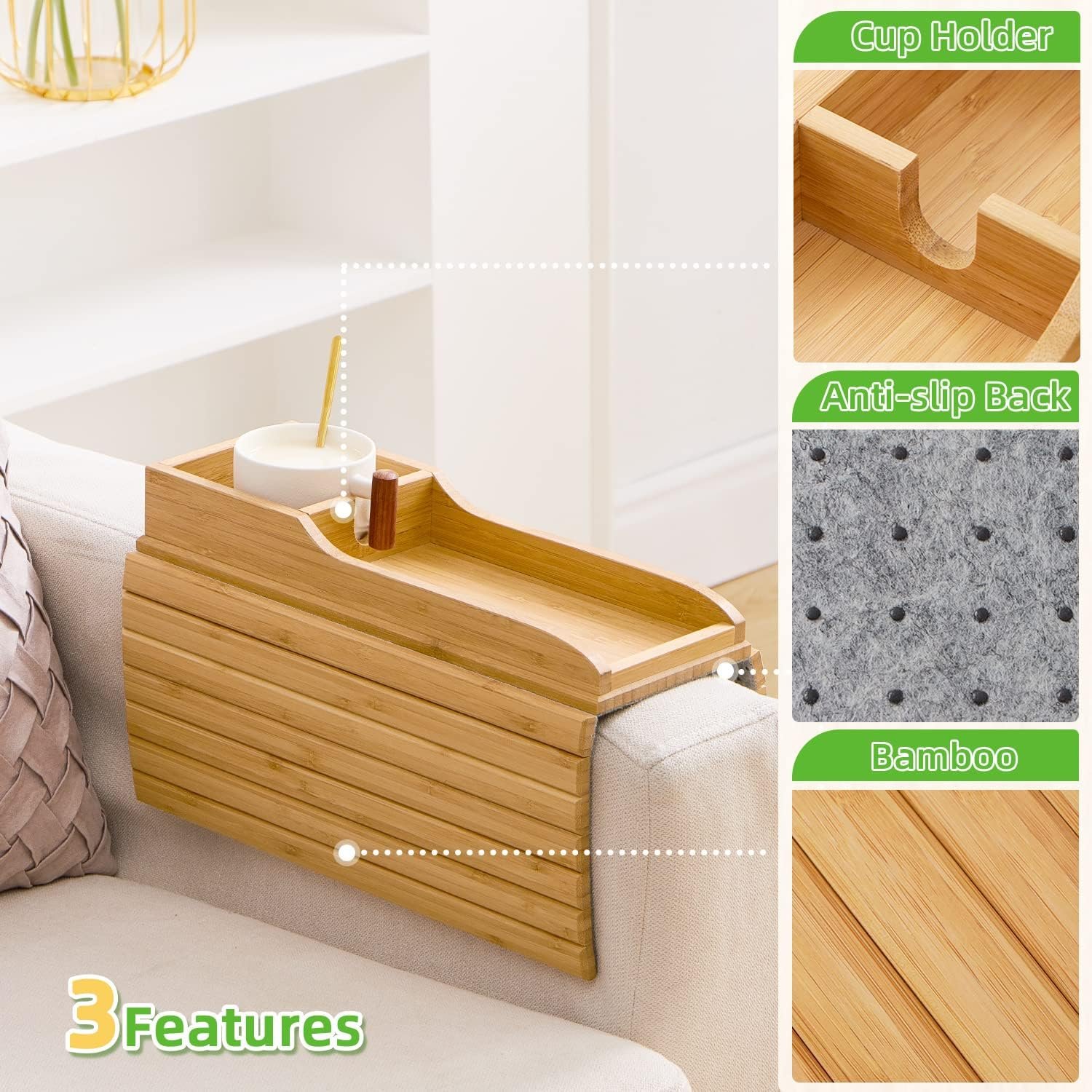 202407 Natural Bamboo Sofa Couch Cup Holder Anti Falling Drink Holder Armrest Tray Portable Couch Arm Tray Table