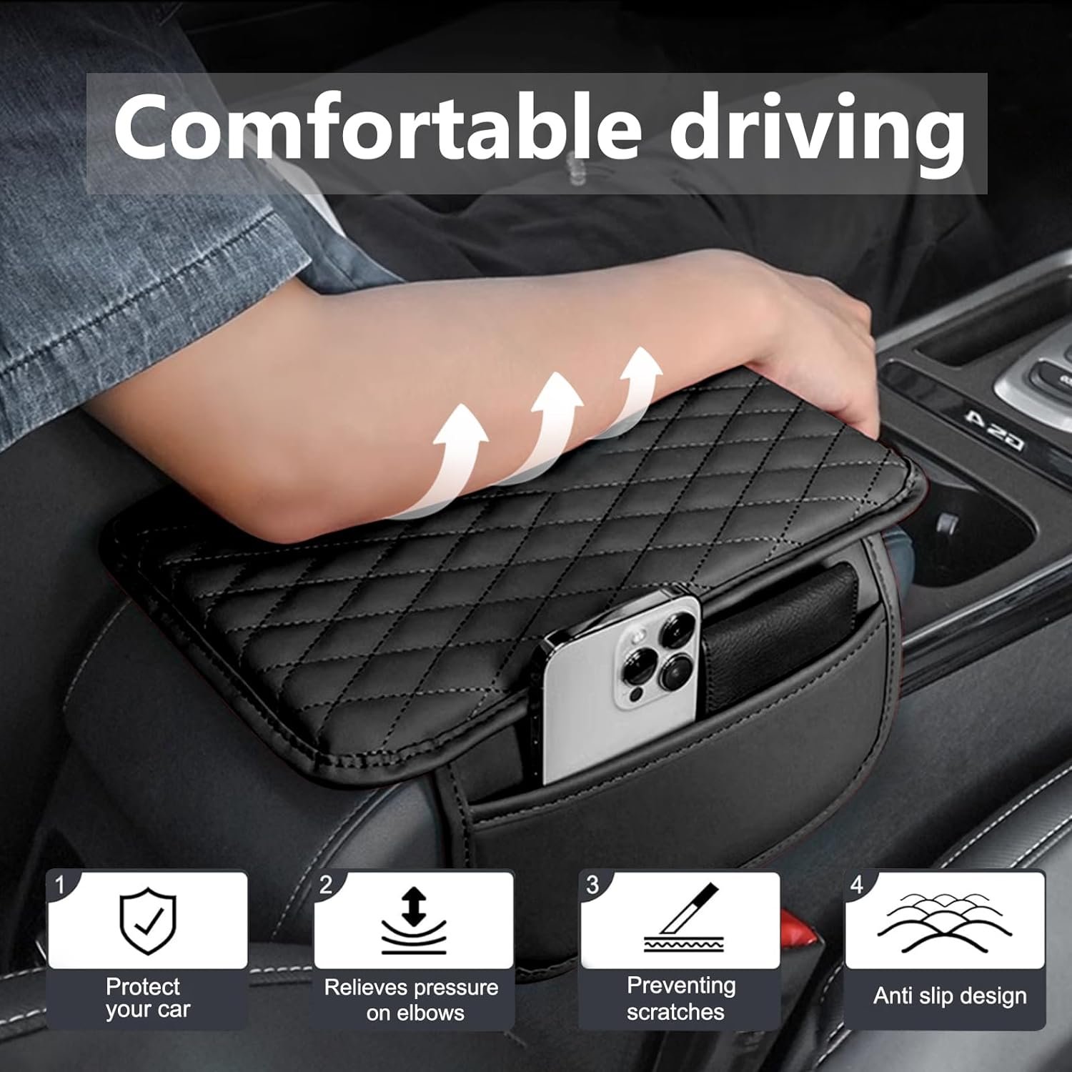 Car Center Console Cover Leather Armrest Cover Cushion with 2 Storage Bags Universal Car Armrest Seat Box Pad Car Interior