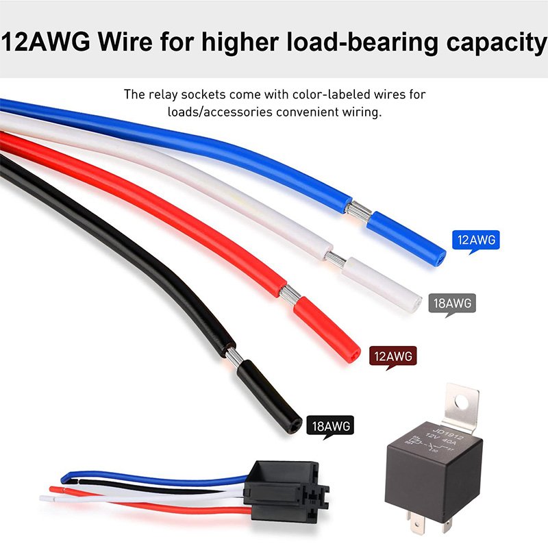 Car Relay Harness 12V 40A 4 Pin SPST 12AWG Harness Sockets with Color Labeled Wires for Automotive Truck Van Motorcycle Boat