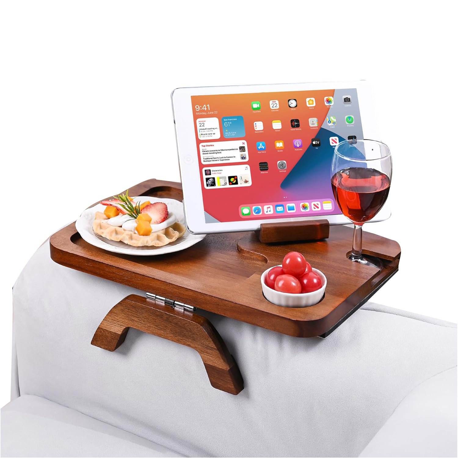 Wholesale Bamboo Side Tables Sofa Armrest Clip-On Tray Sofa Armrest Tray with Rotating Phone Holder