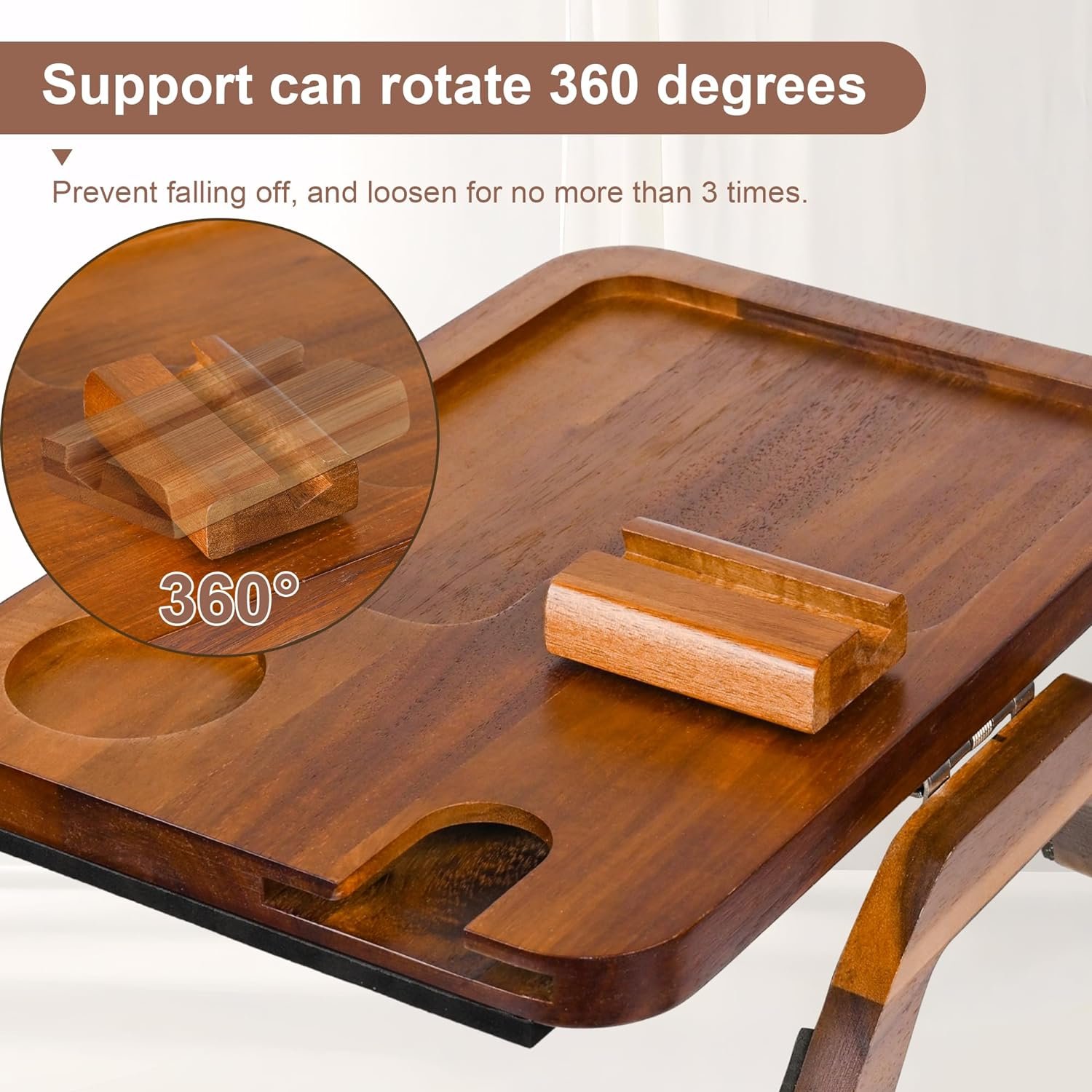 Wholesale Bamboo Side Tables Sofa Armrest Clip-On Tray Sofa Armrest Tray with Rotating Phone Holder