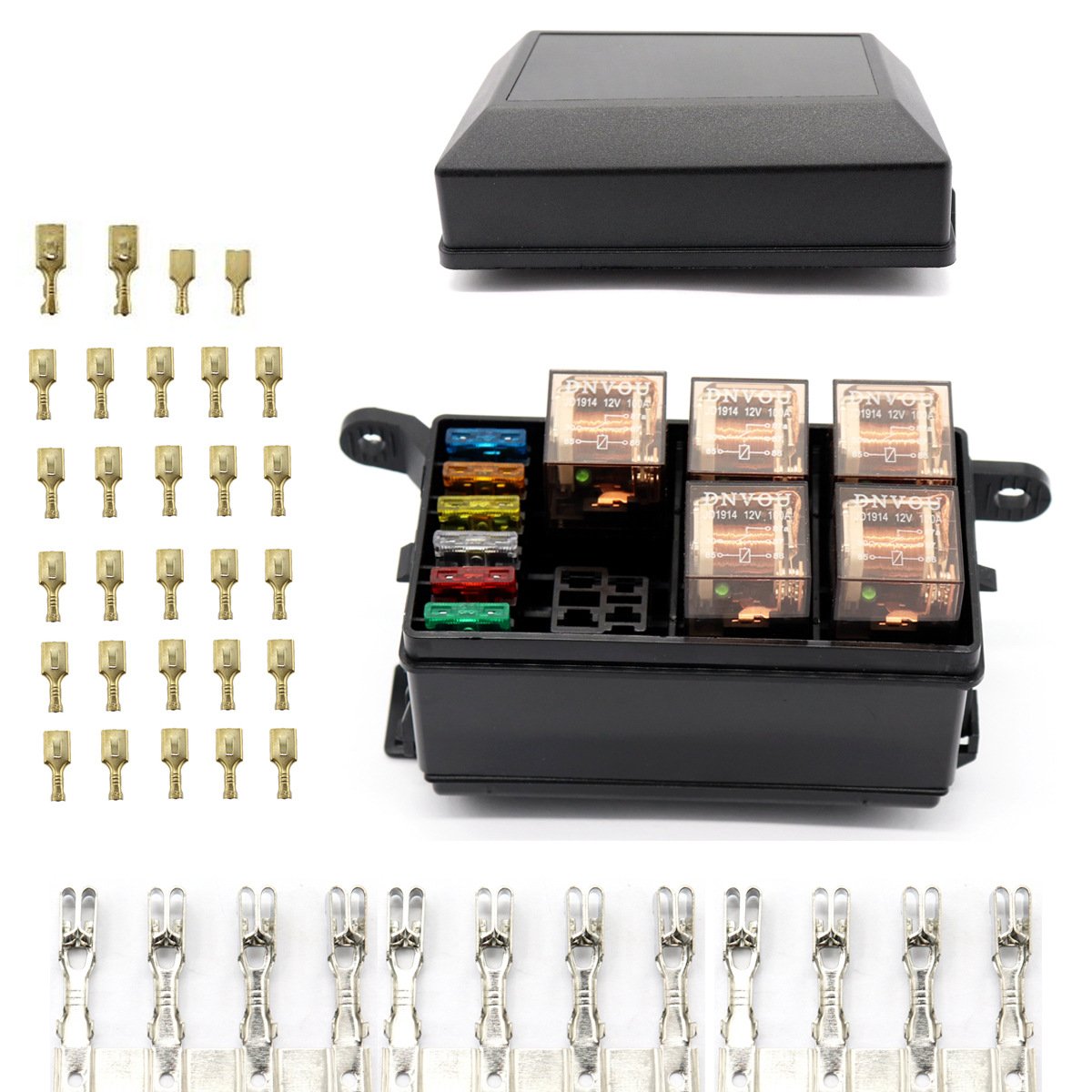 ATC/ATO 12V Electrical Relay Fuse Box 6 Way Blade Fuse and Relay Box Waterproof Fuse Relay Box for Automotive