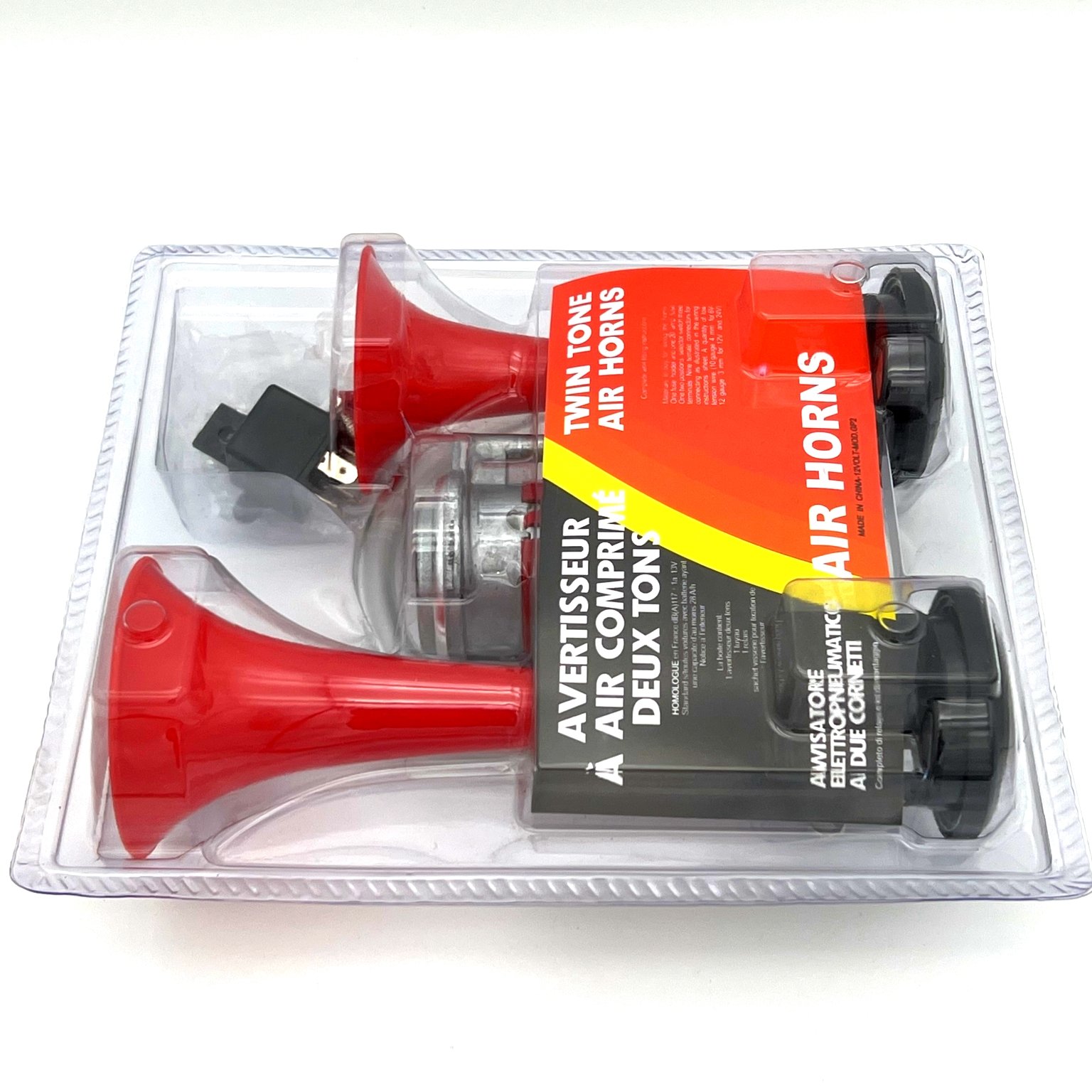 HOT SELL ELECTRICAL CAR HORN in PLASTIC 2PIPE RED HORN 12V WITH RELAY