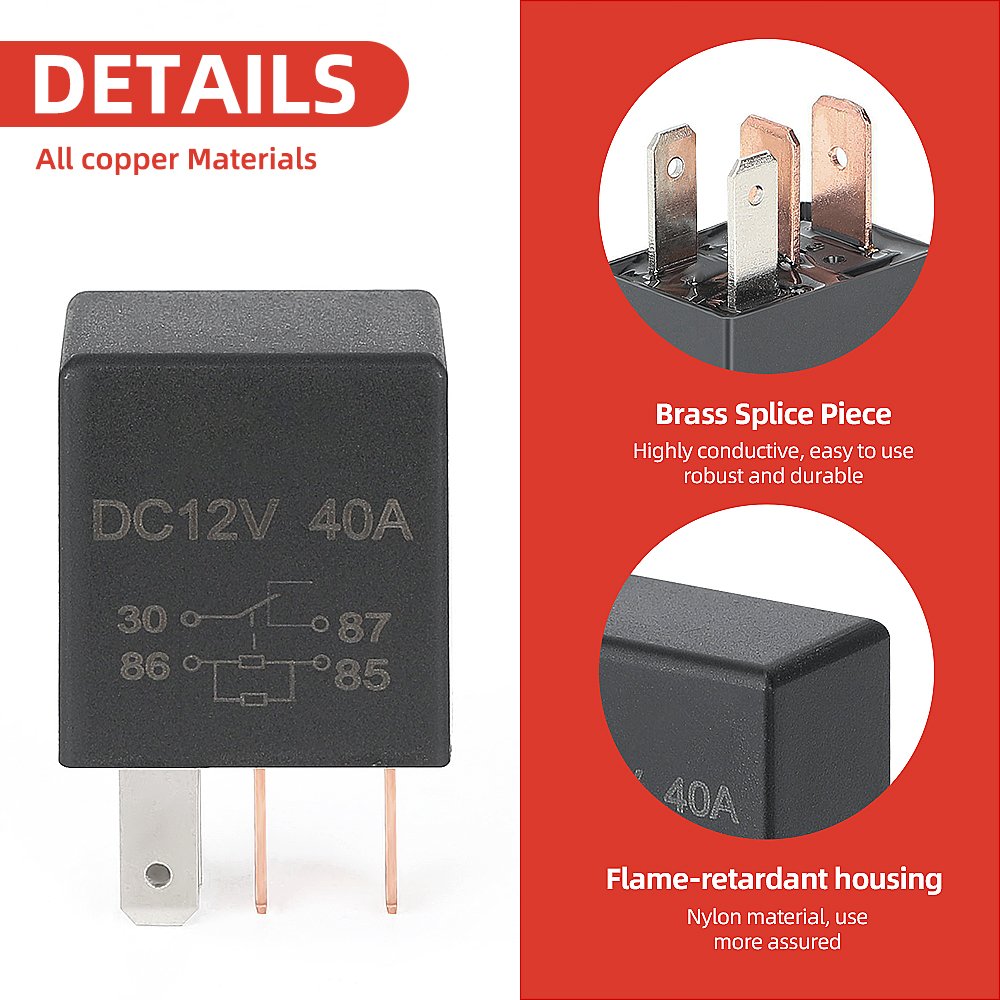 SPST 12V Auto Relay 40A Relay 4 Pin High Electrical Conductivity Relay for Car Automotive Replacement Accessories