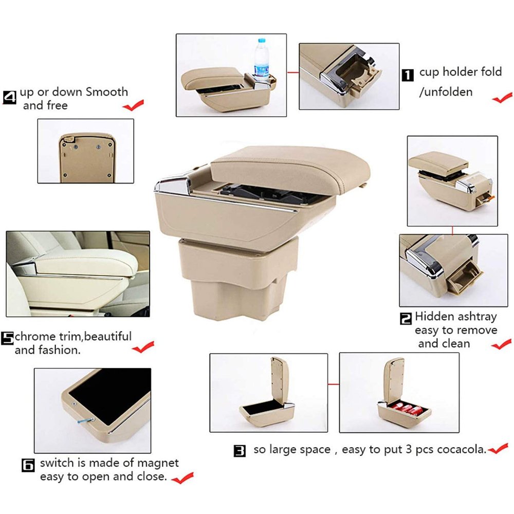 Leather Center Console Car Armrest Box with LED Light Adjustable Cup Holder Removable Ashtray for Nissan Sunny/Versa 2011-2016