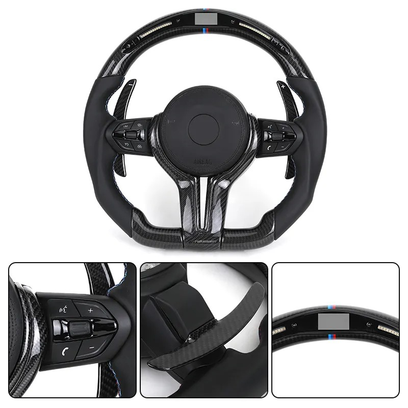 With M Trip Carbon Trim Paddle M Performance Half Leather Carbon LED Steering Wheel for BMW F10 F11 F20 F30 M4 F82 E60 E90 E92