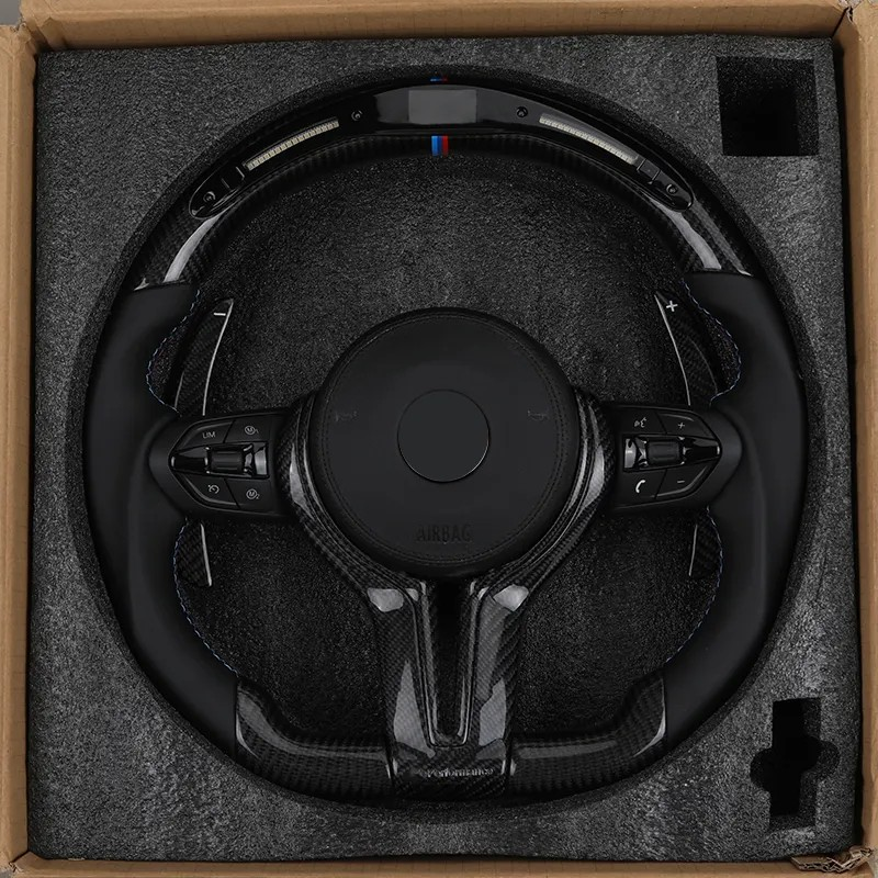 With M Trip Carbon Trim Paddle M Performance Half Leather Carbon LED Steering Wheel for BMW F10 F11 F20 F30 M4 F82 E60 E90 E92