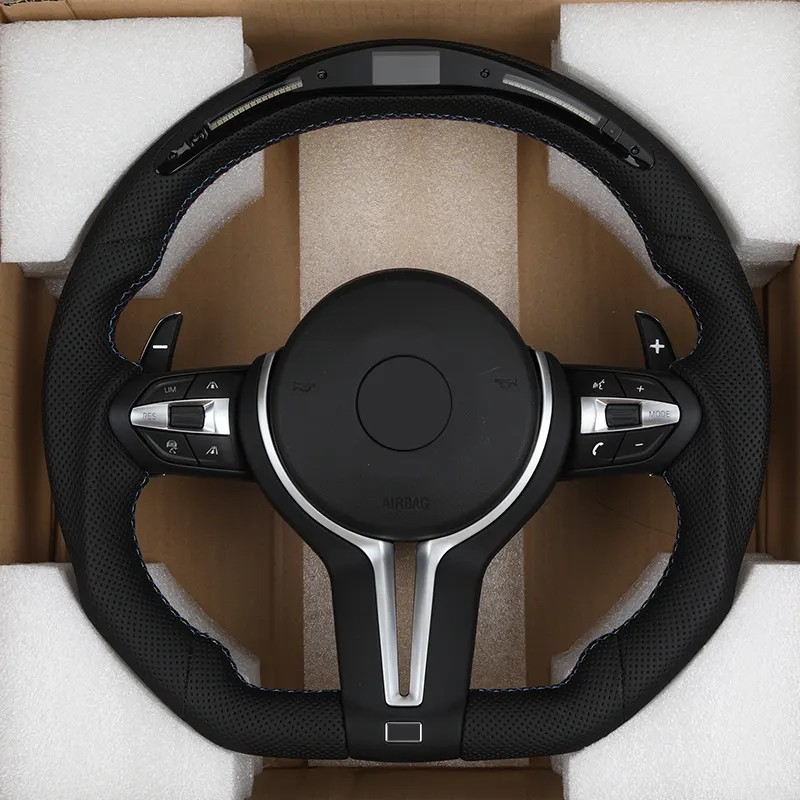 With LED Flat Bottom Full Perforated Leather Steering Wheel for BMW F01 F07 F06 F10 F20 F25 F30 F32 F36 X5m F85 E39 E60 E90 E92