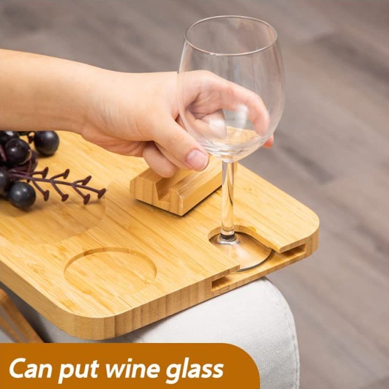 OWNSWING 360 Degree Rotating Phone and Cup Holder Anti-Slip Bamboo Couch Arm Table Tray Storage Box Hook Included