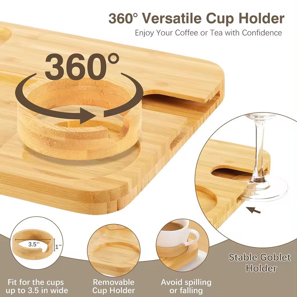 OWNSWING 360 Degree Rotating Phone and Cup Holder Anti-Slip Bamboo Couch Arm Table Tray Storage Box Hook Included