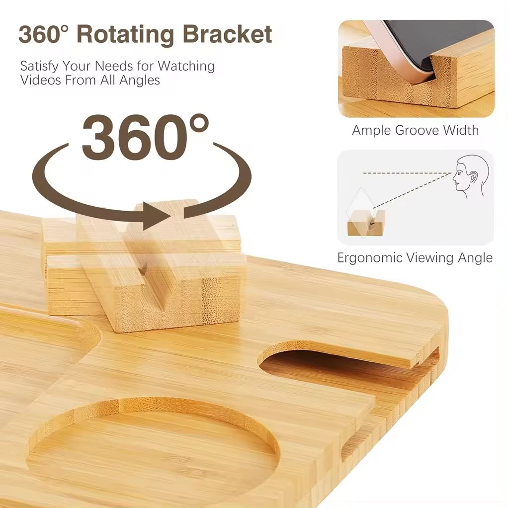 OWNSWING 360 Degree Rotating Phone and Cup Holder Anti-Slip Bamboo Couch Arm Table Tray Storage Box Hook Included